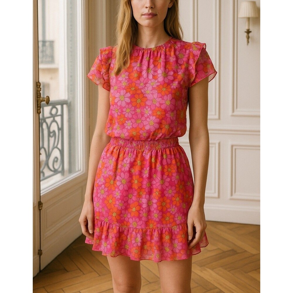 Ramy Brook "Knox" Raspberry Floral Smocked-Waist Mini Dress L NWT